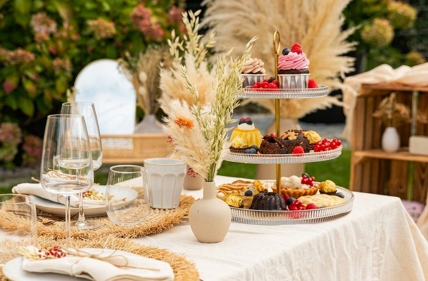 Gedeckte Picknicktafel mit Etagere voller Kuchen, Trockenblumen und Gläsern